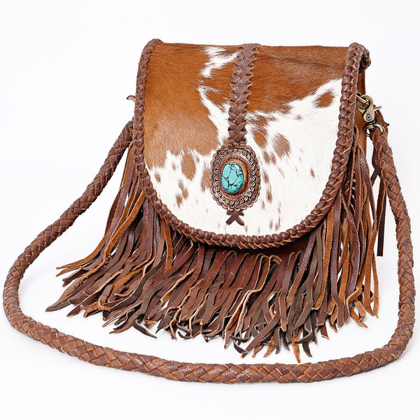 ADBGM262 Hair-On Cowhide Fringe Messenger Bag - Turquoise Concho & Braided Leather