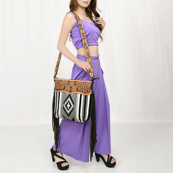 LC-ADBGZ684 Western Crossbody Bag - Hand-Tooled Leather with Black & White Aztec Wool and Fringe