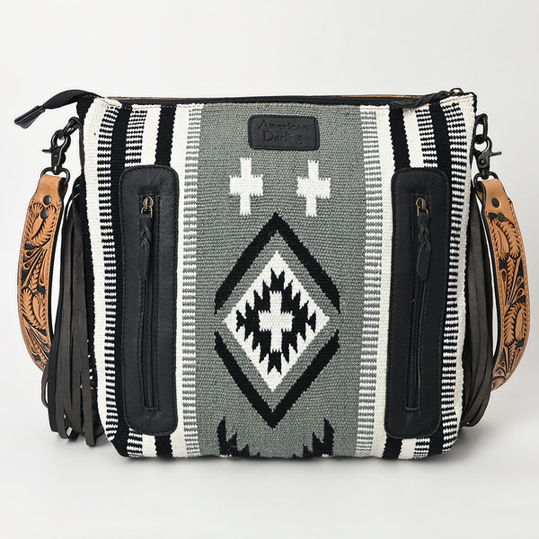 LC-ADBGZ684 Western Crossbody Bag - Hand-Tooled Leather with Black & White Aztec Wool and Fringe