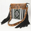 LC-ADBGZ684 Western Crossbody Bag - Hand-Tooled Leather with Black & White Aztec Wool and Fringe