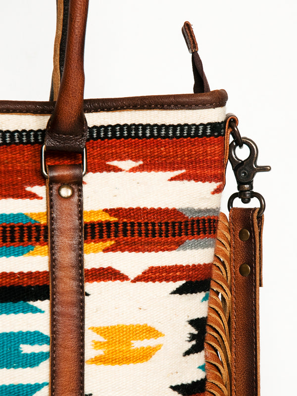 ADBG1030A American Darling Handwoven Saddle Blanket Tote Bag with Leather Fringe Western Boho Style