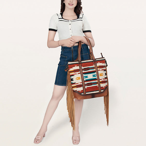 ADBG1030A American Darling Handwoven Saddle Blanket Tote Bag with Leather Fringe Western Boho Style