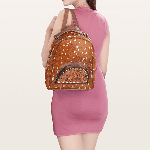 ADBGS156 Printed Cowhide Leather Backpack with Tooled Floral Pocket - Western Wild Style