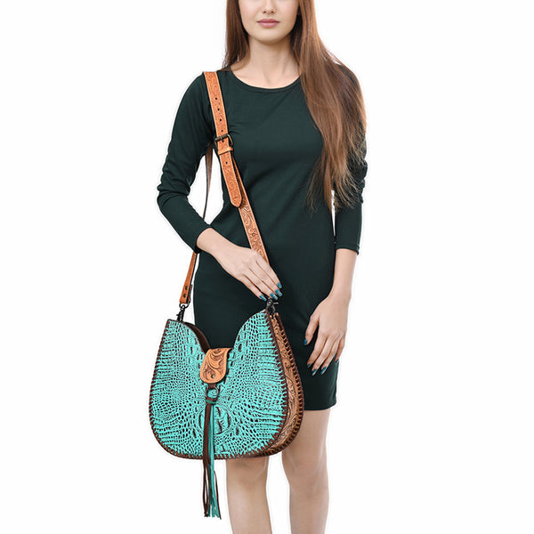 ADBG1039 American Darling Crocodile Embossed Hand Tooled Leather Western Crossbody Bag
