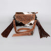 ADBG1050 American Darling Hair-on Cowhide Leather Crossbody Bag Floral Tooling & Fringes Western Handbag
