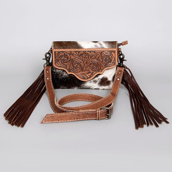 ADBG1050 American Darling Hair-on Cowhide Leather Crossbody Bag Floral Tooling & Fringes Western Handbag