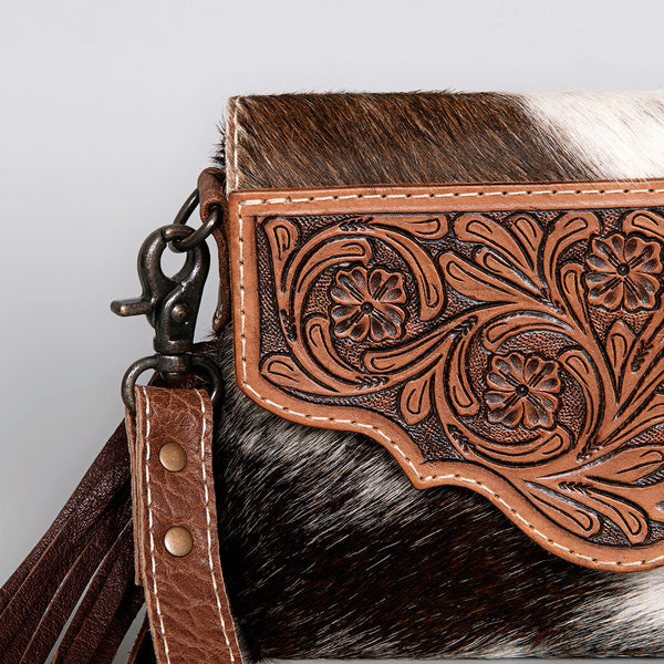 ADBG1050 American Darling Hair-on Cowhide Leather Crossbody Bag Floral Tooling & Fringes Western Handbag