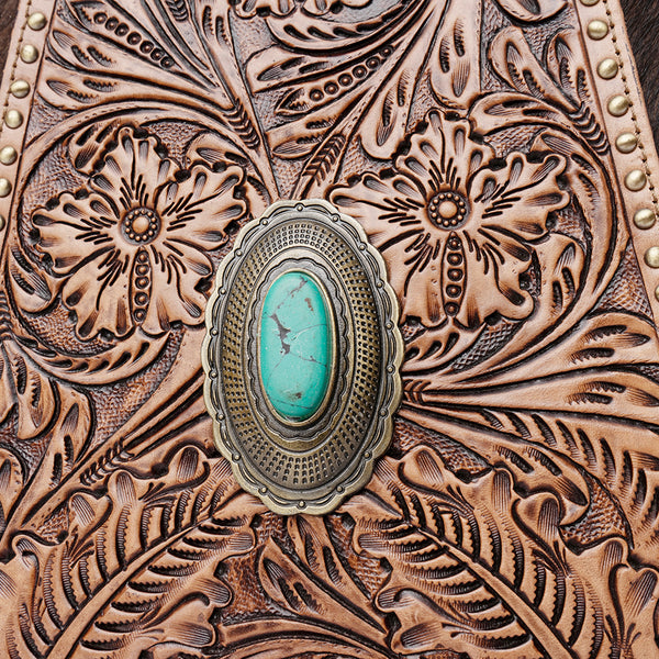 ADBGI217 Hair-On Hide Western Tote with Tooled Leather & Turquoise Concho