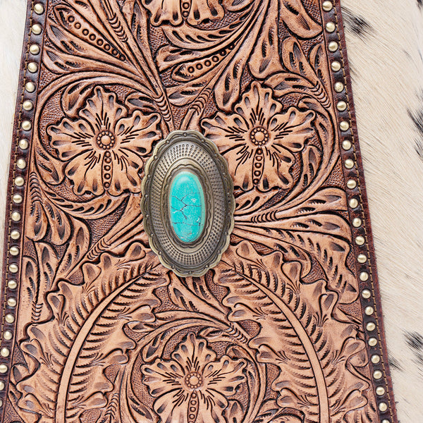 ADBGI217 Hair-On Hide Western Tote with Tooled Leather & Turquoise Concho