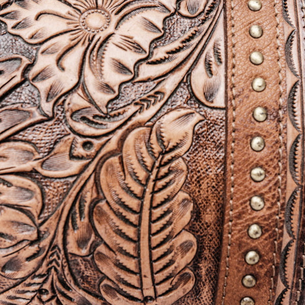 ADBGI218 Tooled Leather Hobo Bag with Turquoise Concho & Studded Trim