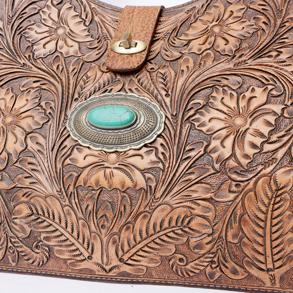 ADBGI218 Tooled Leather Hobo Bag with Turquoise Concho & Studded Trim