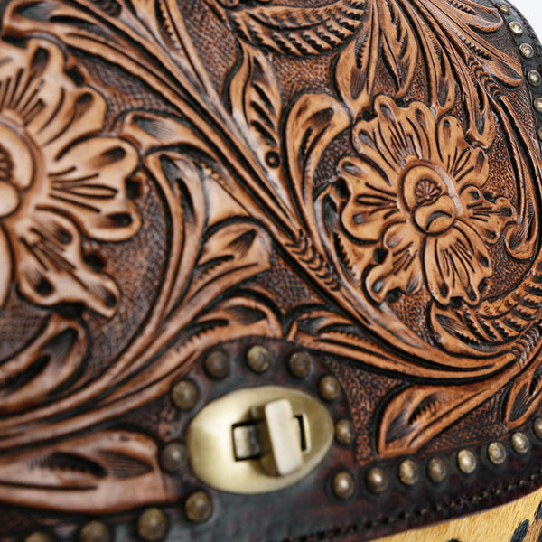 ADBGI220 Round Tooled Leather & Hair-On Crossbody Bag - Floral Flap Western Purse
