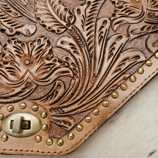 LC-ADBGI223A Tooled Leather & Hair-On Satchel Bag - Western Crossbody with Flap Closure