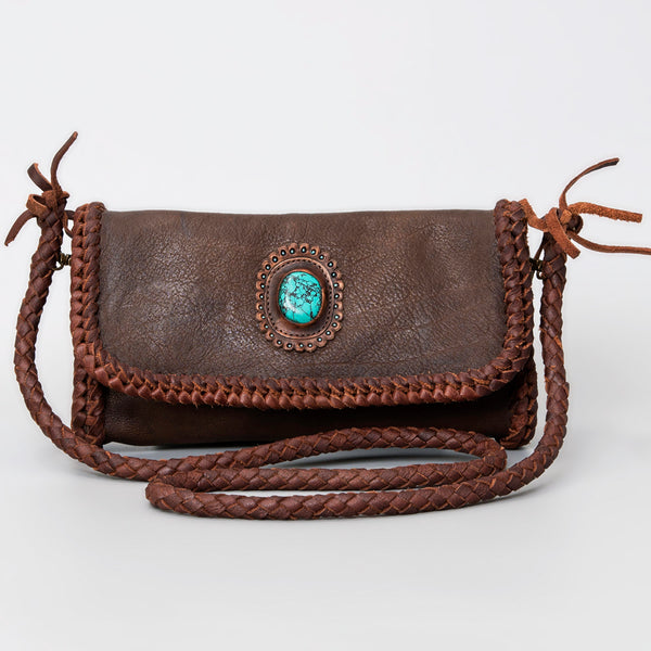 ADBGM267 Mini Western Leather Crossbody - Braided Edge & Turquoise Concho