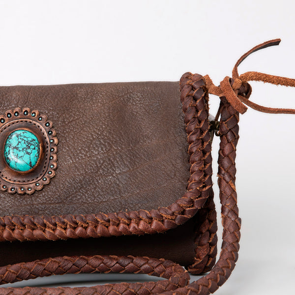 ADBGM267 Mini Western Leather Crossbody - Braided Edge & Turquoise Concho
