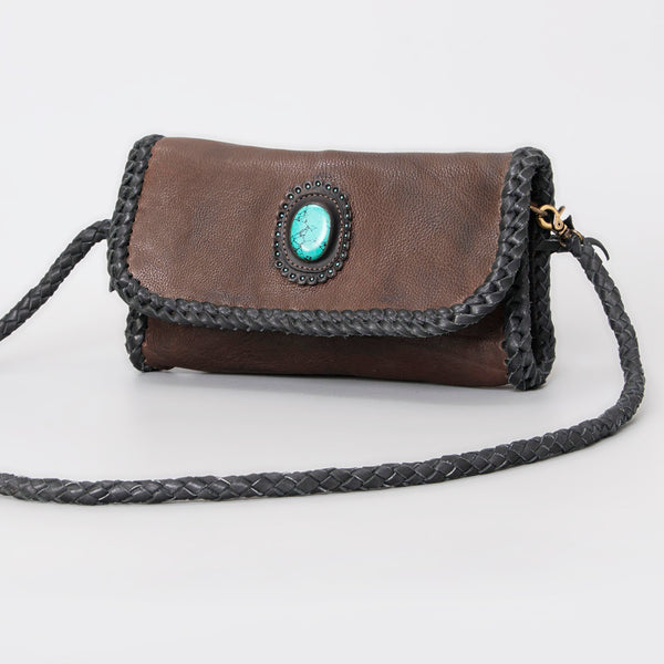 ADBGM267 Mini Western Leather Crossbody - Braided Edge & Turquoise Concho