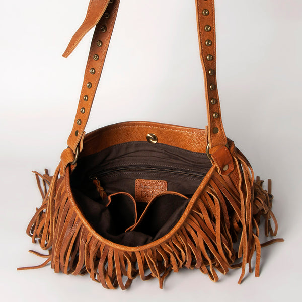 ADBGM308 Layered Fringe Leather Crossbody - Western Festival Bag with Studded Strap
