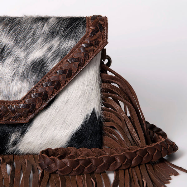ADBGM298 Cowhide Envelope Crossbody - Fringe, Braided Trim & Hair-On Hide