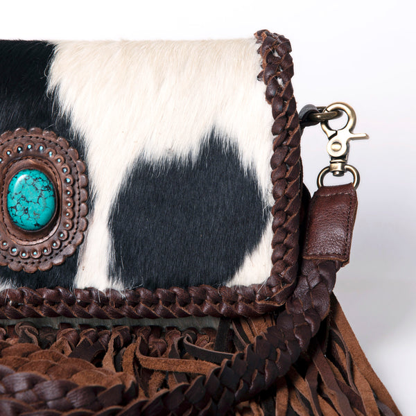 ADBGM272 Cowhide Western Fringe Crossbody - Braided Strap with Turquoise Concho