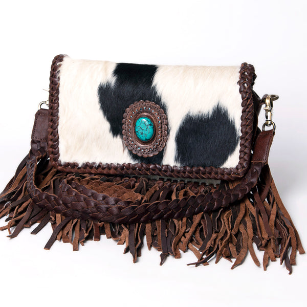 ADBGM272 Cowhide Western Fringe Crossbody - Braided Strap with Turquoise Concho