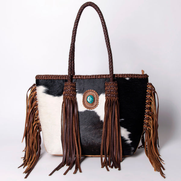 LC-ADBGM276 Cowhide Western Tote - Braided Handles, Fringe & Turquoise Concho