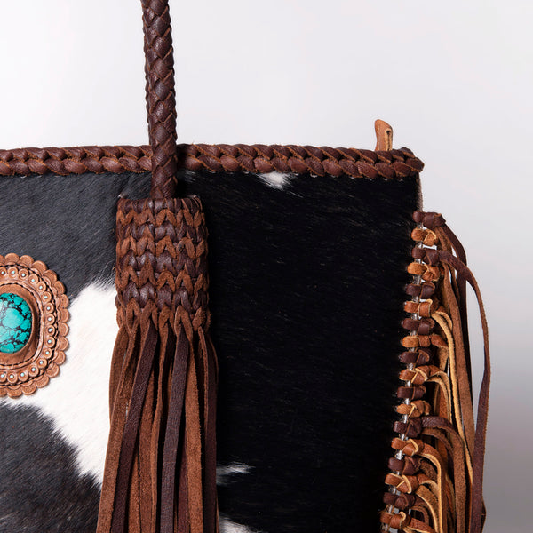 LC-ADBGM276 Cowhide Western Tote - Braided Handles, Fringe & Turquoise Concho