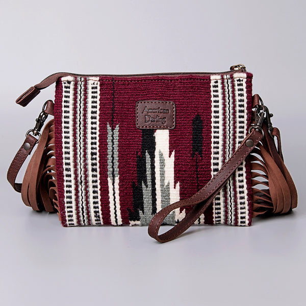 LC-ADBGZ183 Southwestern Wool Crossbody Bag with Tooled Leather & Desert Concho - Fringe Western Purse