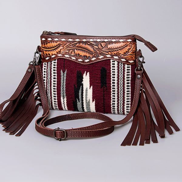 LC-ADBGZ183 Southwestern Wool Crossbody Bag with Tooled Leather & Desert Concho - Fringe Western Purse