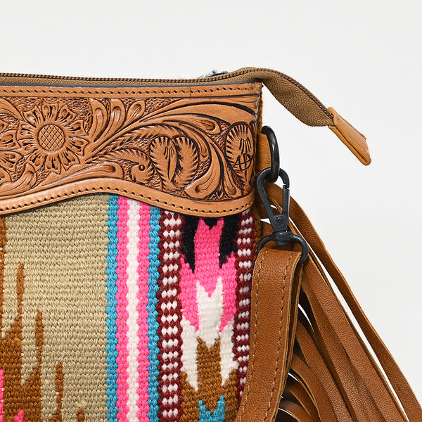 LC-ADBGZ184 Southwestern Wool Crossbody Bag with Tooled Leather & Fringe - Western Fringe Purse