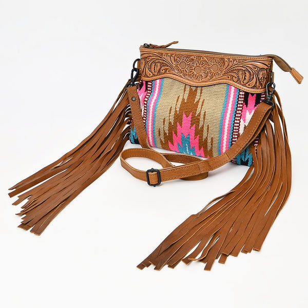 LC-ADBGZ184 Southwestern Wool Crossbody Bag with Tooled Leather & Fringe - Western Fringe Purse