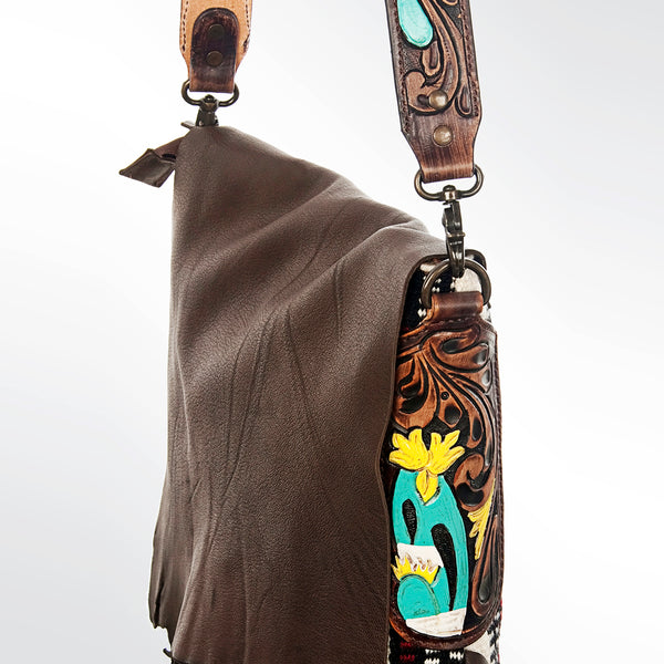 ADBGZXU175A American Darling Hand Tooled Floral Cross body Bag with Woven Saddle Blanket & Fringes