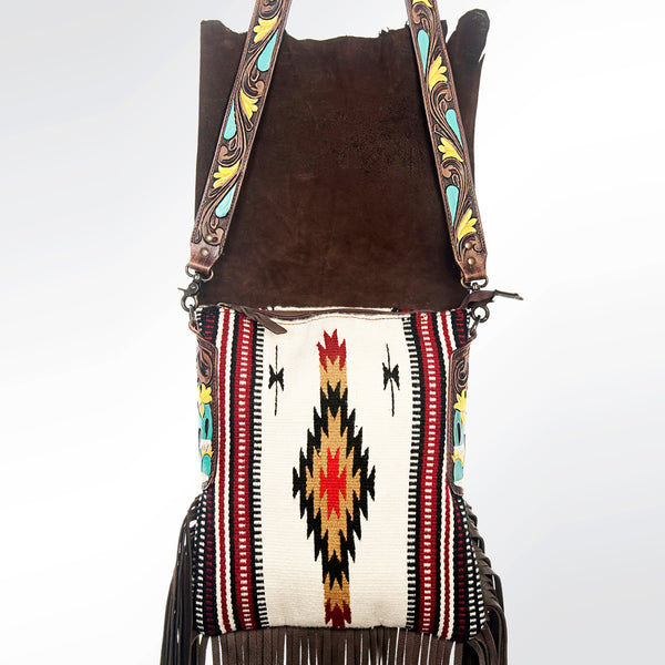 ADBGZXU175A American Darling Hand Tooled Floral Cross body Bag with Woven Saddle Blanket & Fringes