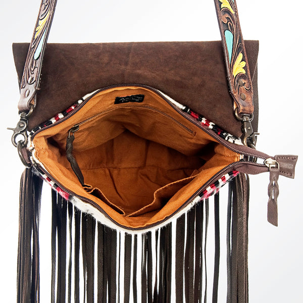 ADBGZXU175A American Darling Hand Tooled Floral Cross body Bag with Woven Saddle Blanket & Fringes