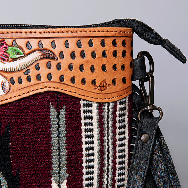 LC-ADBGZ184 Southwestern Wool Crossbody Bag with Tooled Leather & Fringe - Western Fringe Purse