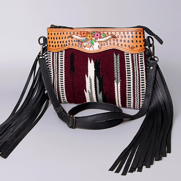 LC-ADBGZ184 Southwestern Wool Crossbody Bag with Tooled Leather & Fringe - Western Fringe Purse