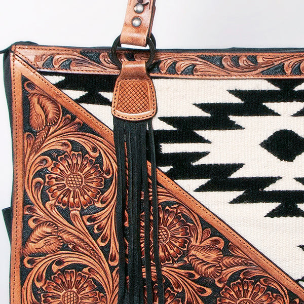 LC-ADBGZ695 Southwestern Aztec Tote Bag with Hand-Tooled Leather and Fringe - Western Shoulder Purse