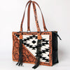 LC-ADBGZ695 Southwestern Aztec Tote Bag with Hand-Tooled Leather and Fringe - Western Shoulder Purse