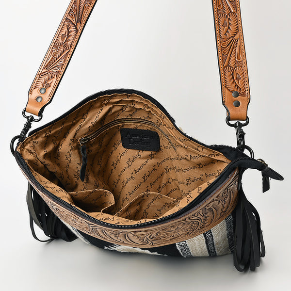 ADBGZ701 Tooled Leather Crossbody Bag with Fringe & Wool Saddle Blanket - Western Style Purse