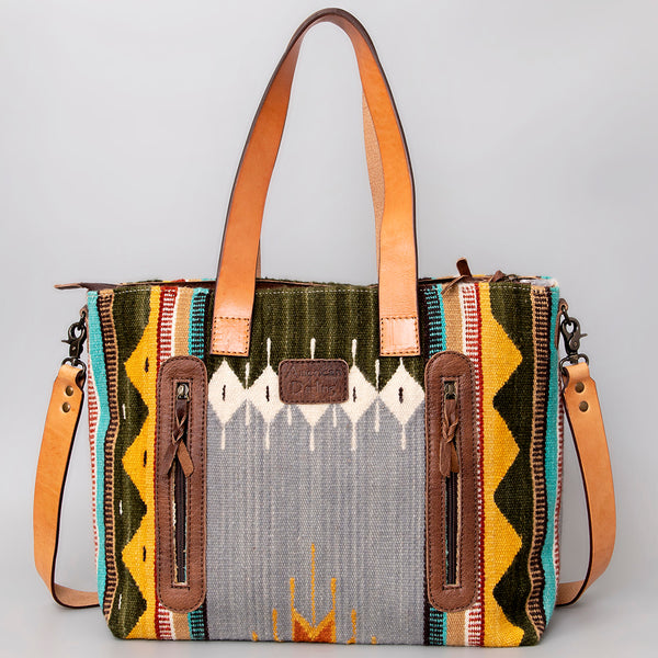 ADBG575 Southwestern Wool Tote with Natural Leather Straps Handwoven Pattern & Tassel