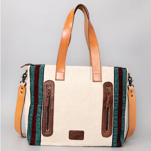 ADBG575 American Darling Hand Woven Saddle Blanket Western Leather Tote Bag with Tassels & Leather Strap