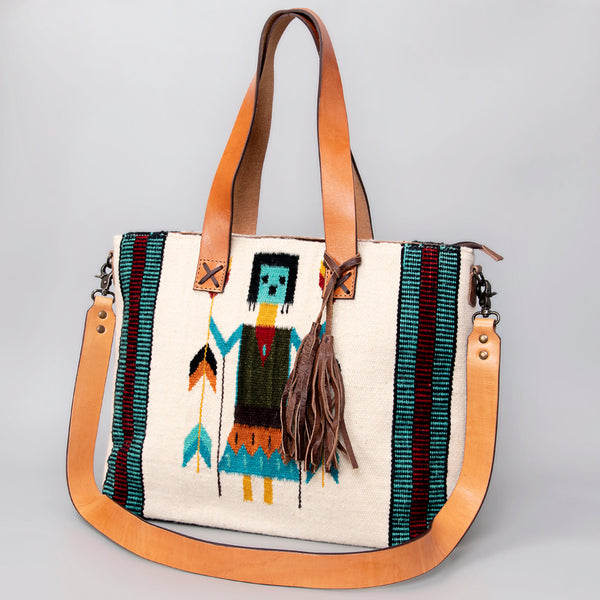 ADBG575 American Darling Hand Woven Saddle Blanket Western Leather Tote Bag with Tassels & Leather Strap