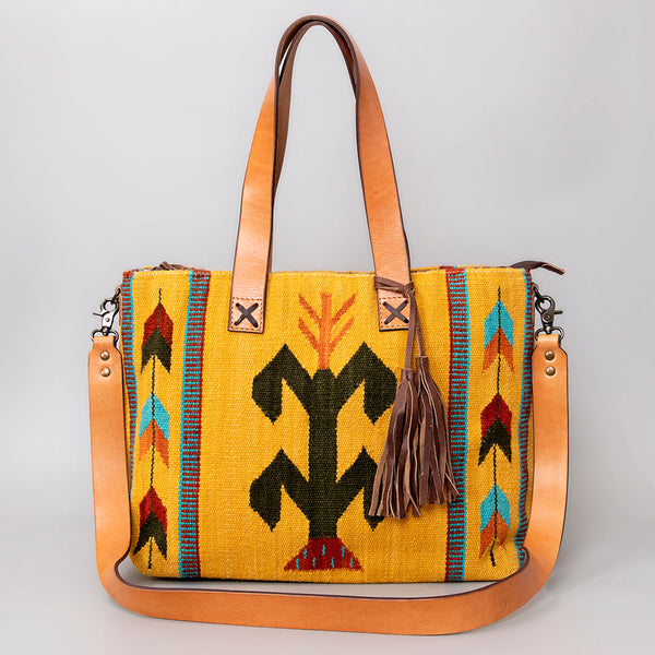 ADBG575 American Darling Hand Woven Saddle Blanket Western Leather Tote Bag with Tassels & Leather Strap