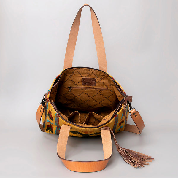 ADBG575 American Darling Hand Woven Saddle Blanket Western Leather Tote Bag with Tassels & Leather Strap