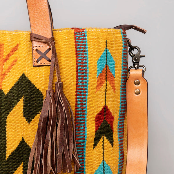 ADBG575 American Darling Hand Woven Saddle Blanket Western Leather Tote Bag with Tassels & Leather Strap