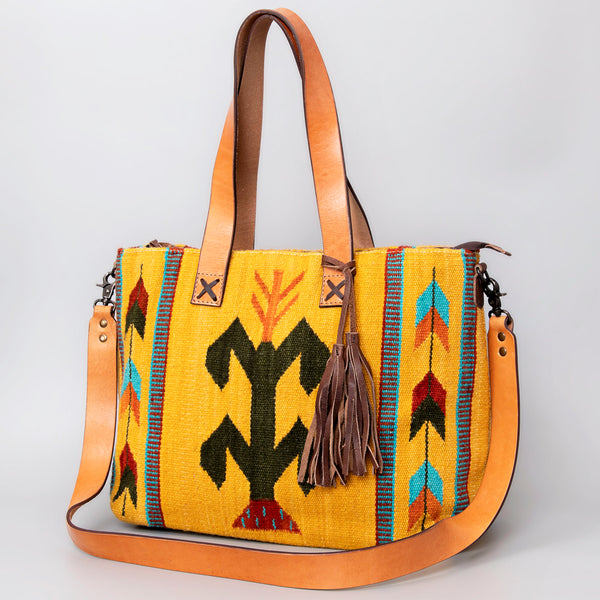 ADBG575 American Darling Hand Woven Saddle Blanket Western Leather Tote Bag with Tassels & Leather Strap