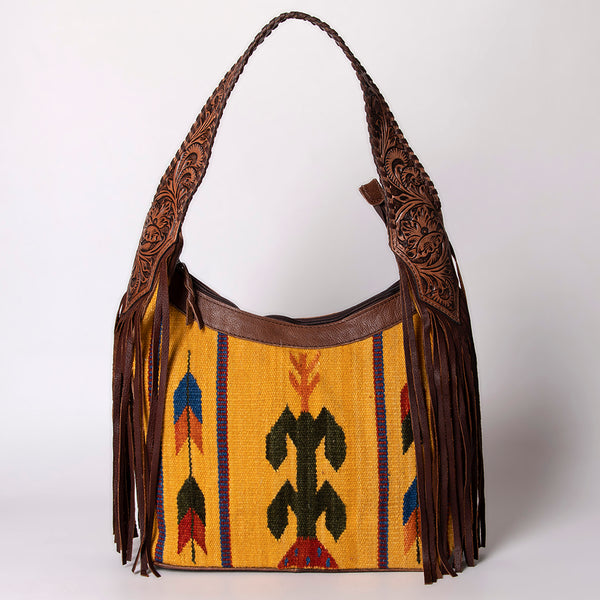 ADBG803 American Darling Hand Tooled Leather Hobo Bag with Hand Woven Saddle Blanket and Fringes