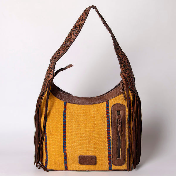 ADBG803 American Darling Hand Tooled Leather Hobo Bag with Hand Woven Saddle Blanket and Fringes
