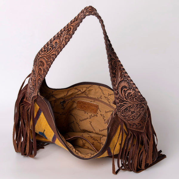 ADBG803 American Darling Hand Tooled Leather Hobo Bag with Hand Woven Saddle Blanket and Fringes