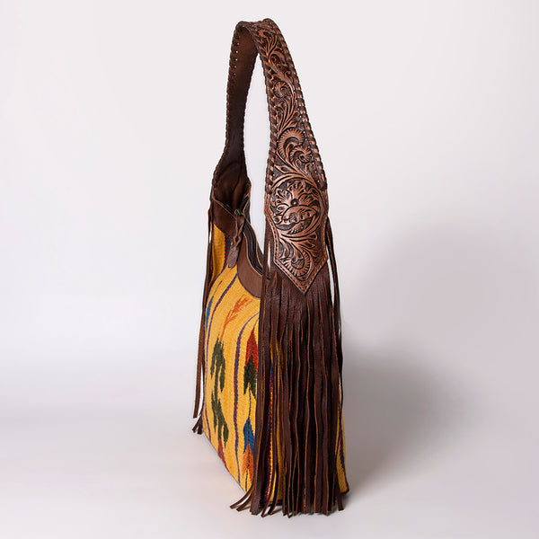 ADBG803 American Darling Hand Tooled Leather Hobo Bag with Hand Woven Saddle Blanket and Fringes