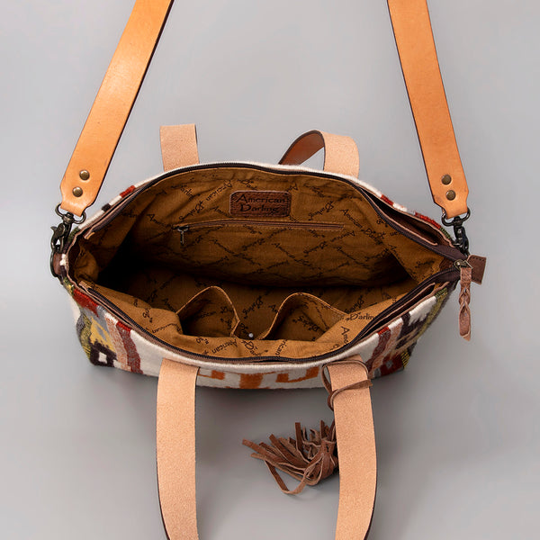 ADBG575 American Darling Hand Woven Saddle Blanket Western Leather Tote Bag with Tassels & Leather Strap